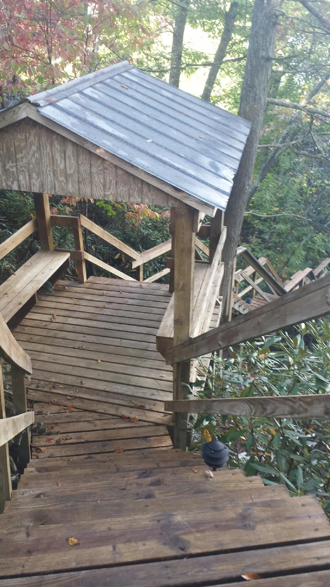Metal roofed shelter over wooden steps on a wooded walkway — Skylight Repair & Installation work by our crew in Sedalia